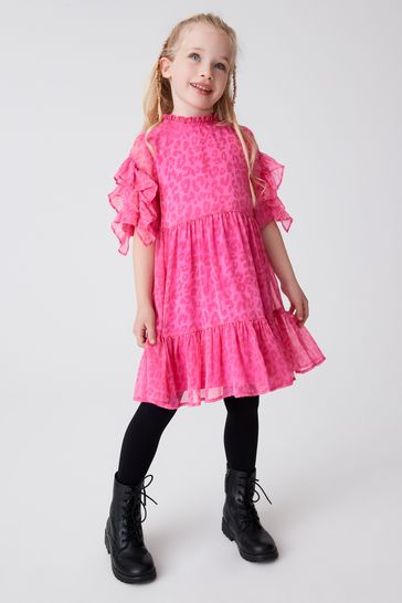 Buy Pink Animal Print Frill Sleeve Ruffle Hem Dress 3 16yrs from