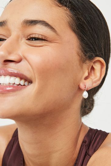 Sterling Silver Rose Gold Plated Pearl Drop Hoop Earrings