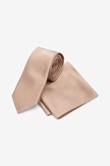 Stone Brown Slim Silk Tie And Pocket Square Set