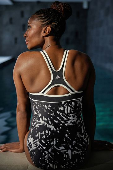 Black White Graphic Print High Neck Sport Zip Swimsuit