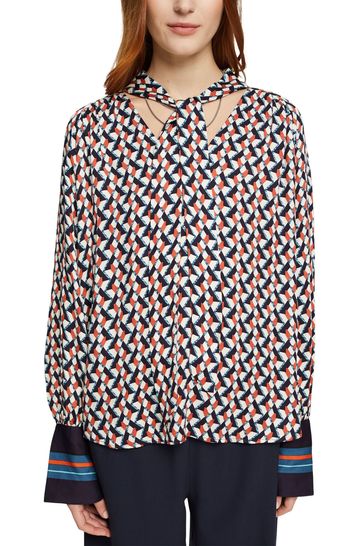 Esprit Navy Blue Patterned Tie Neck Blouse