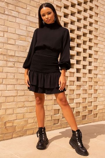 Chi Chi London Black Shirred Ruffle Mini Skirt