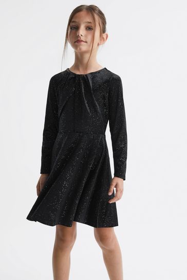 Reiss Black Gweneth Senior Velour Sparkly Flared Dress