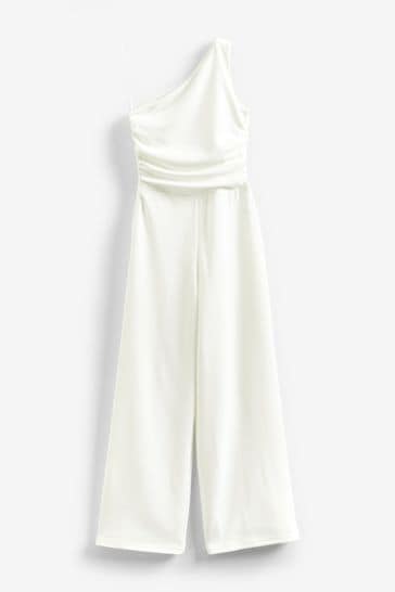 White One Shoulder Wide Leg Ruched Occasion Jumpsuit
