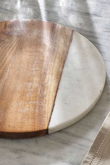 White Marble & Wood Round Serve Board