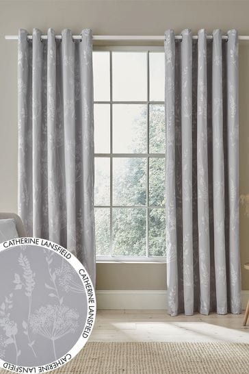 Catherine Lansfield Silver Meadowsweet Floral Jacquard Eyelet Lined Curtains