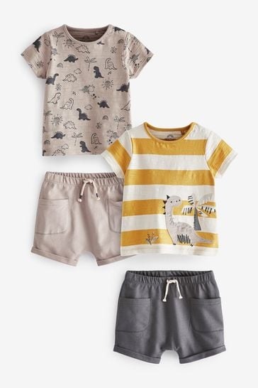 Neutral/Ochre Yellow Dinosaur 4 Piece Baby T-Shirts And Shorts Set