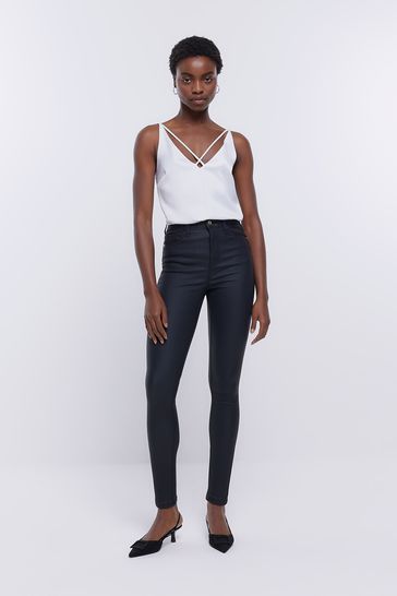 River Island Black High Rise Coated Skinny Jeans