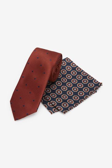 Rust Brown Spot/Medallion Slim Tie And Pocket Square Set