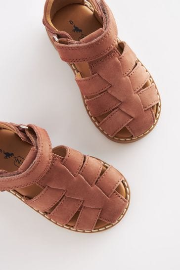 Rust Brown Leather Touch Fastening Closed Toe Sandals