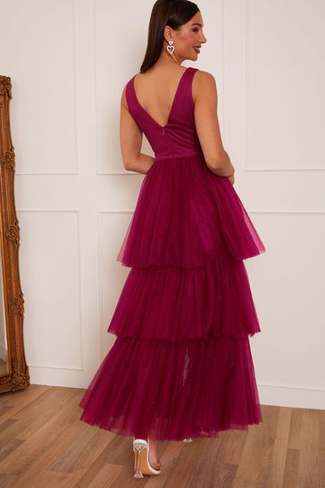 Chi Chi London Red V Neck Tiered Tulle Dip Hem Dress