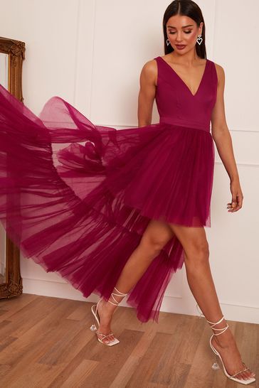 Chi Chi London Red V Neck Tiered Tulle Dip Hem Dress