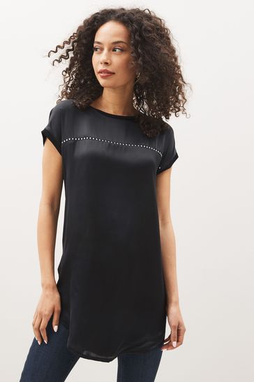 Buy Black Studded Trim Detail Woven Front Jersey Back Tunic Top