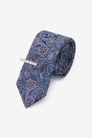 Navy Blue/Pink Paisley Slim Pattern Tie With Tie Clip
