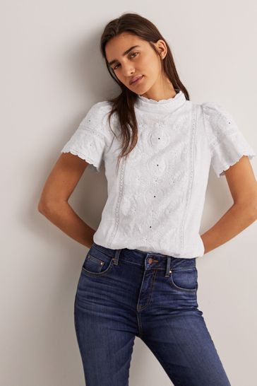 Boden White Broderie High Neck Jersey Top
