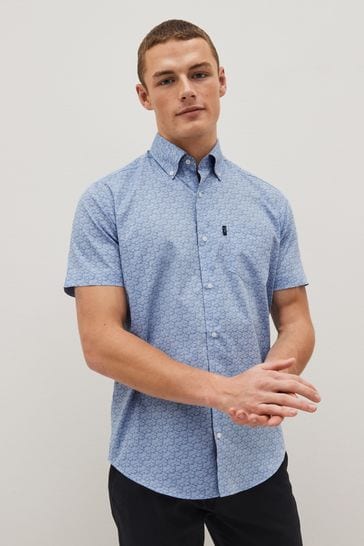 Blue Shark Print Regular Fit Short Sleeve Easy Iron Button Down Oxford Shirt