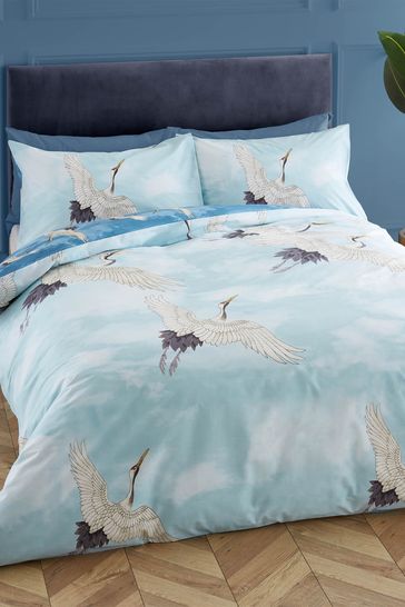 Catherine Lansfield Blue Cranes Reversible Duvet Cover And Pillowcase Set