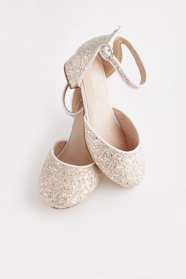Buy Ivory White Glitter Occasion Ankle Strap Low Heel Shoes from