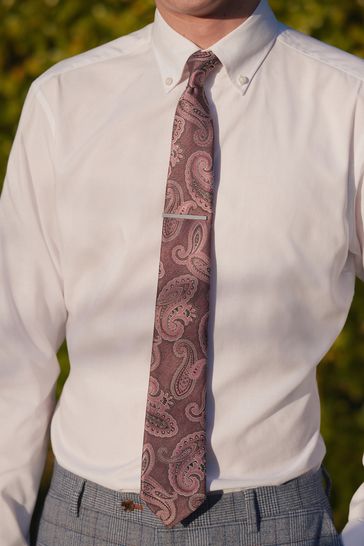 Pink Paisley Pattern Tie With Tie Clip