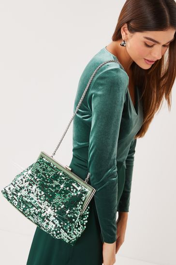 Green Sequin Boxy Frame Clutch Bag