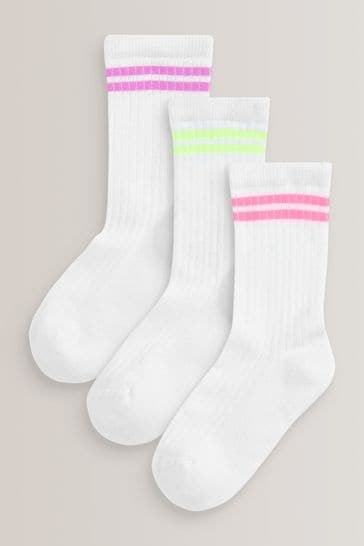White with fluorescent stripe Regular Length Cotton Rich Cushioned Sole Ankle Socks 3 Pack