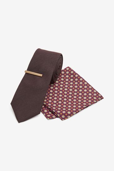 Brown Texture/Medallion Slim Tie, Pocket Square And Tie Clip Set