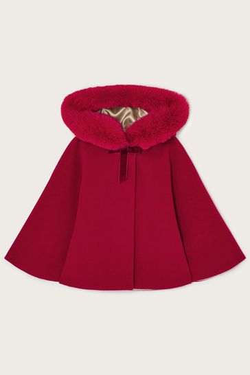 Monsoon Baby Red Cape Coat With Faux Fur Hood