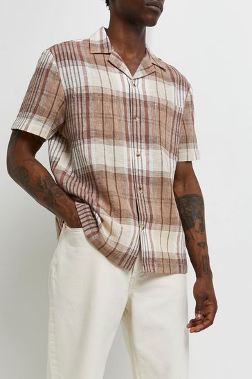 River Island Brown Short Sleeve Crepe Check Resort Shirt