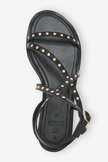Buy Black Forever Comfort Leather Strappy Studded Flat Sandals