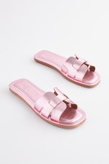 Pink Metallic Extra Wide Fit Forever Comfort® Leather Mule Flat Sandals