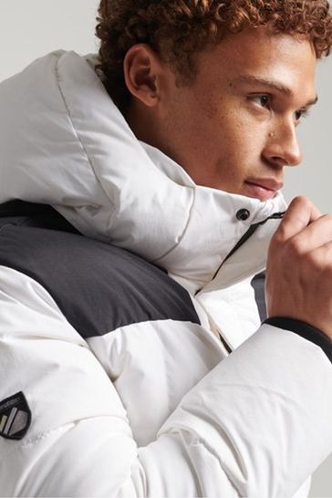 White puffer jacket on sale with black fur hood