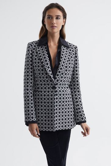 Buy Reiss Black White Bianca Single Breasted Jacquard Blazer from