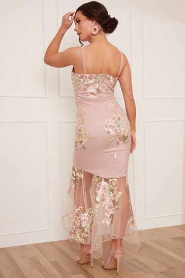 Peplum Floral Embroidered Lace Bodycon Dress in Pink