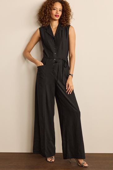 Buy Black Belted Sleeveless Linen Mix Jumpsuit from Next Netherlands