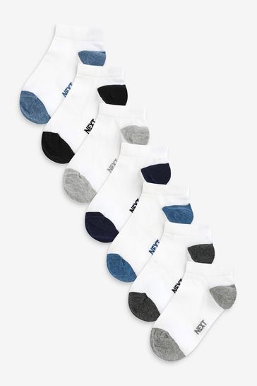 Pack de 7 pares de calcetines deportivos de alto contenido en algodón con talón y puntera en blanco/azul/gris