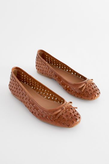 Buy Tan Brown Forever Comfort Leather Weave Ballerina Shoes from