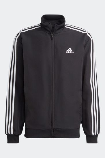 Black track jacket with white clearance stripes