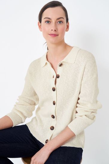 Crew Clothing Company White Textured Cotton Casual Cardigan