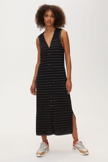 Oliver Bonas Black Stripe Button Down Black And Gold Knitted Midi Dress