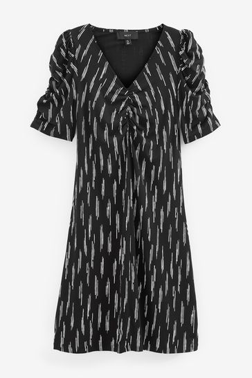 Buy Black White Dash Ruched V Neck Short Sleeve Midi Tea Dress