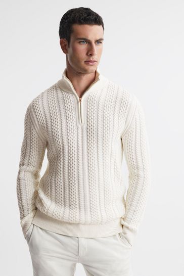 Reiss Ecru Bantham Cable Knit Half-Zip Funnel Neck Jumper