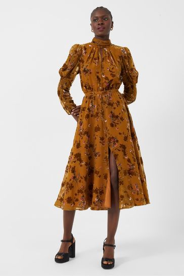 French Connection Gold Guthern Burn Out Midi Dress