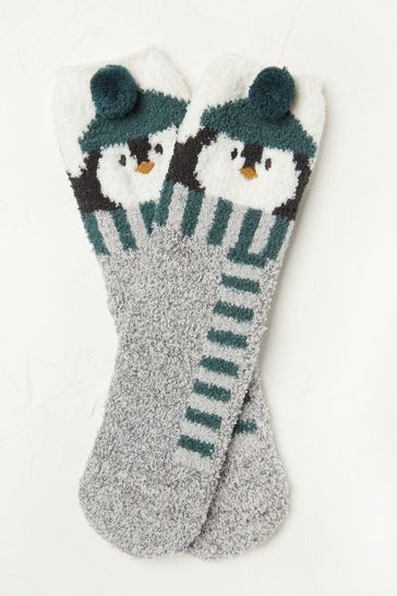 FatFace Green Fluffy Penguin Socks