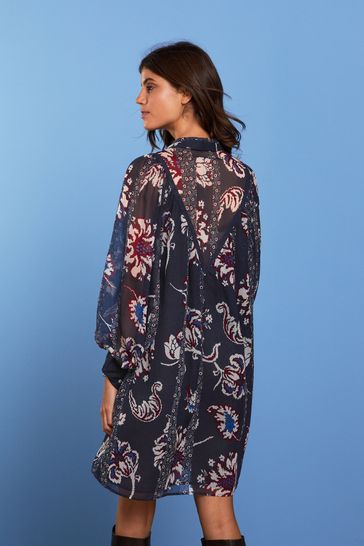 Buy Navy Blue Print Sheer Lace Trim Long Sleeve Mini Shirt Dress from Next Luxembourg