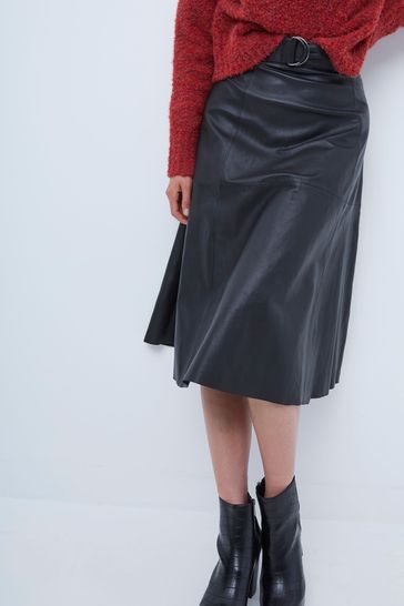 French Connection Black Arlan Leather Midi Skirt