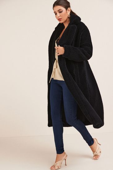 Long black teddy coat womens sales