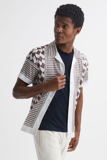 Buy Reiss Rust Ecru Devaroe Slim Fit Cuban Collar Short Sleeve Shirt from Next Luxembourg