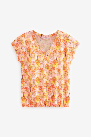 Buy Pink Ditsy Oranges V Neck Cotton Bubble Hem Top from Next