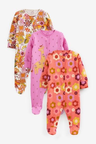 Rust Brown/Pink Baby Footed Sleepsuits 3 Pack (0-0mths)