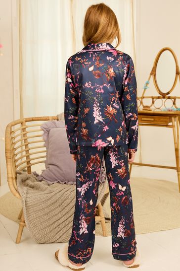 Buy Navy Blue Floral Satin Button Through Pyjamas 3 16yrs from